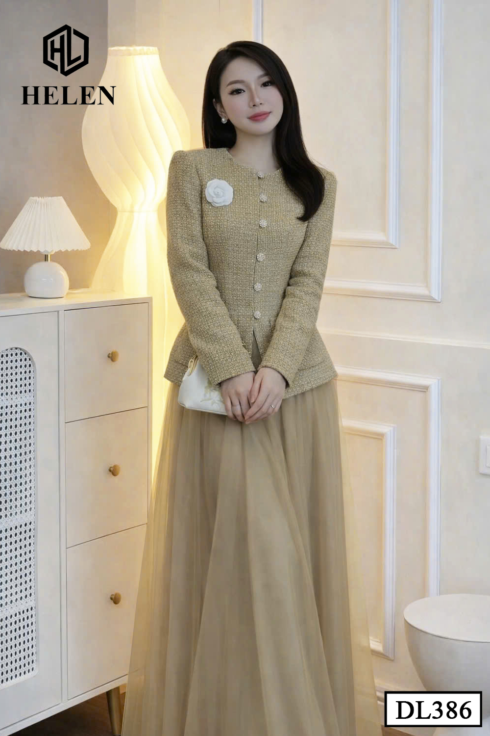 (Pre-order) Đầm liền thân giả set dạ nâu phối ren lưới DL386