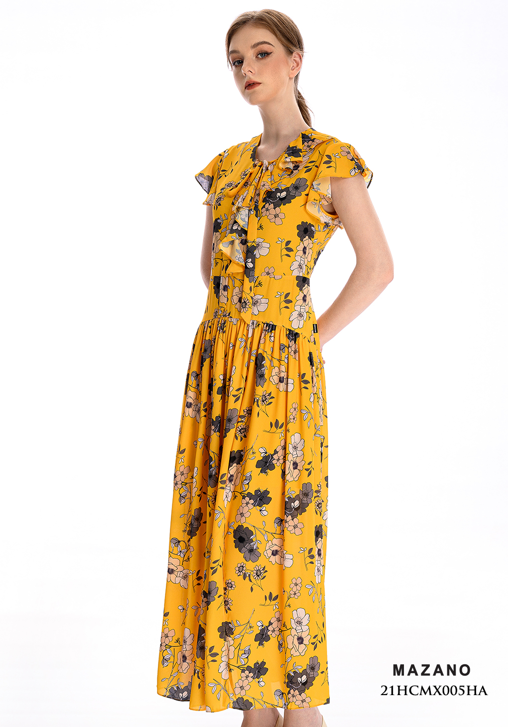 Đầm Maxi vải voan màu vàng in hoạ tiết thiết kế cách điệu_thumbnail_2