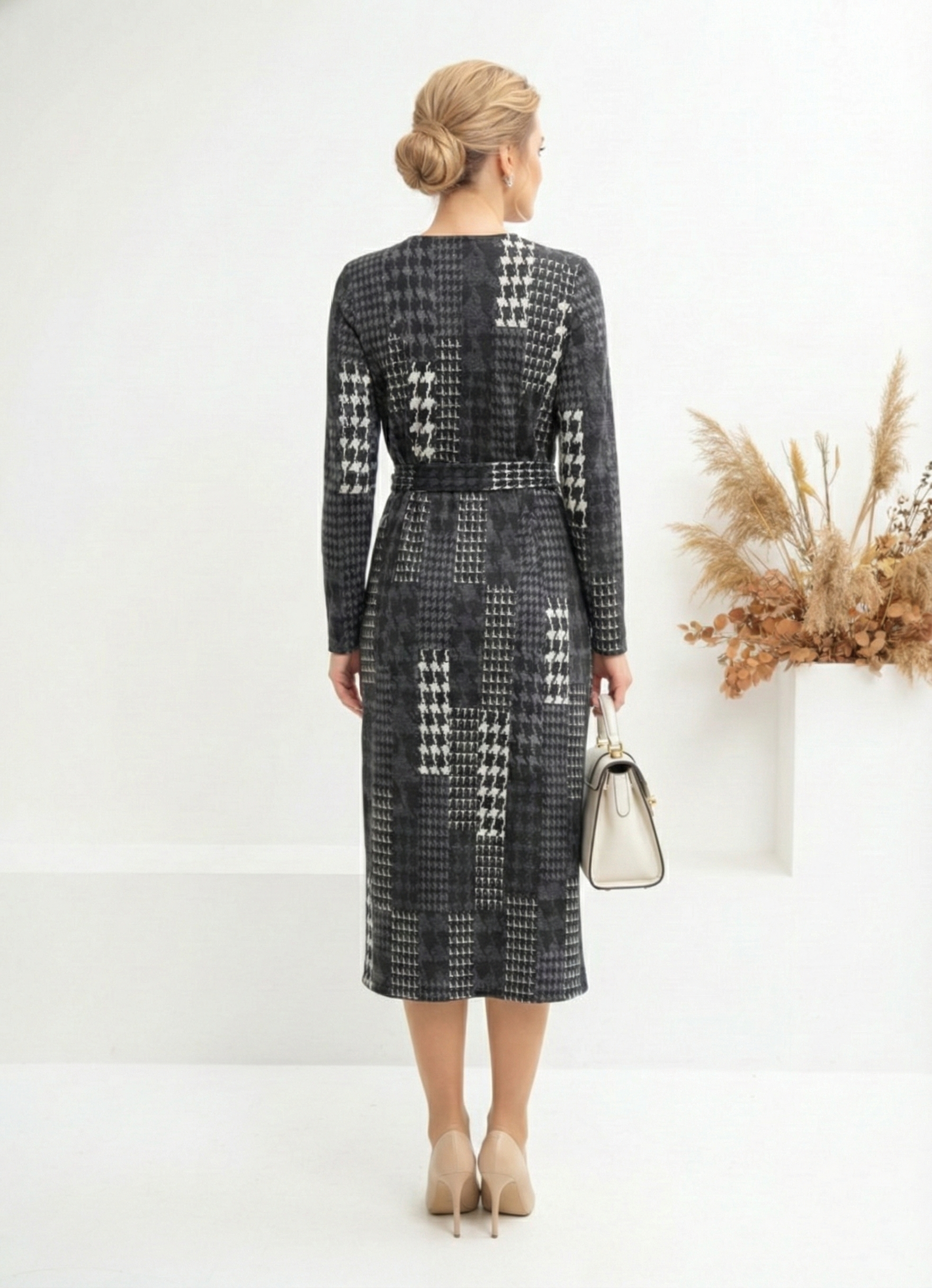 Váy đầm ôm Vải len Họa tiết hoa cách điệu Cổ tròn  Tay  dài Dài đến bắp chân_thumbnail_3