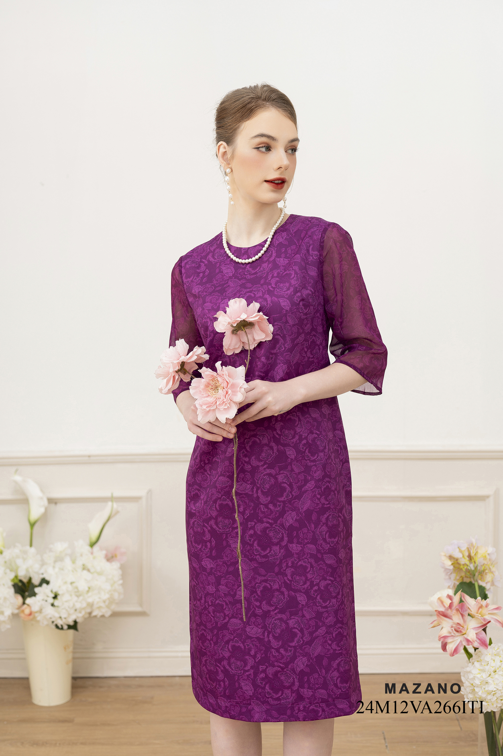 Váy Đầm suông Vải thô phối voan Hoạ tiết hoa trà cách điệu Cổ tròn Tay lỡ Dài đến bắp chân_thumbnail_3