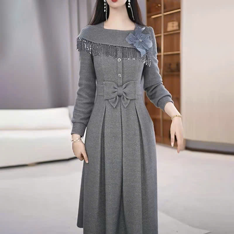 18240-Đầm xòe xám dài tay cổ viền tua rua  kết hoa (thun PC len, có túi)_thumbnail_1