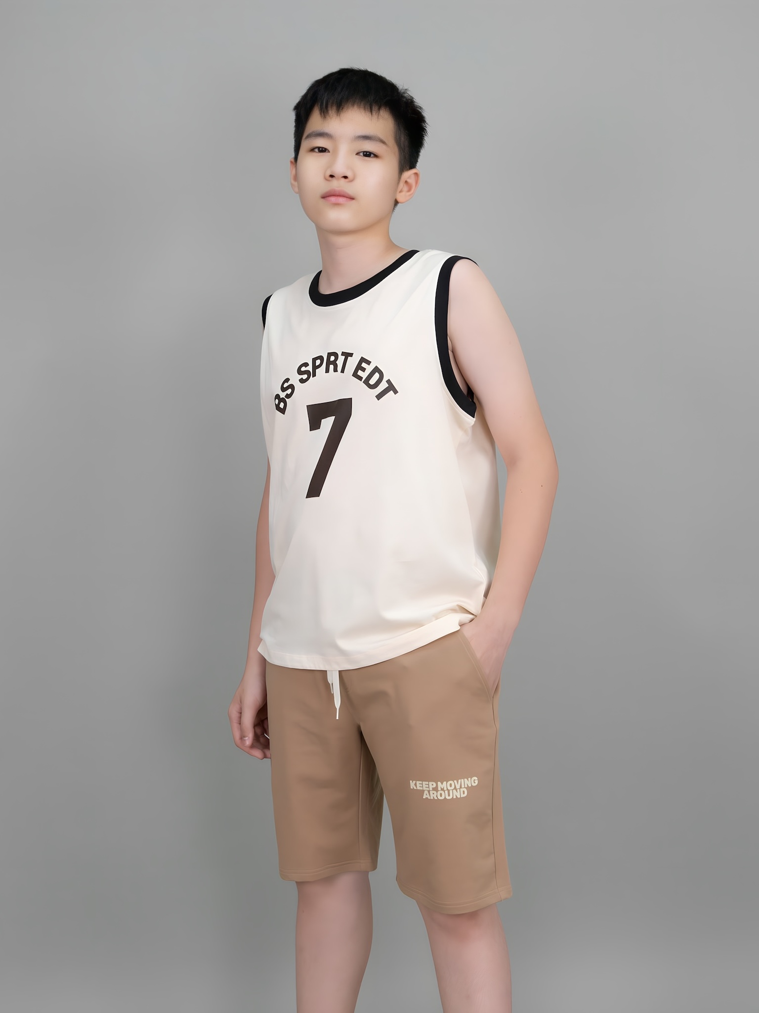 Áo 3 lỗ be viền bo đen số 7