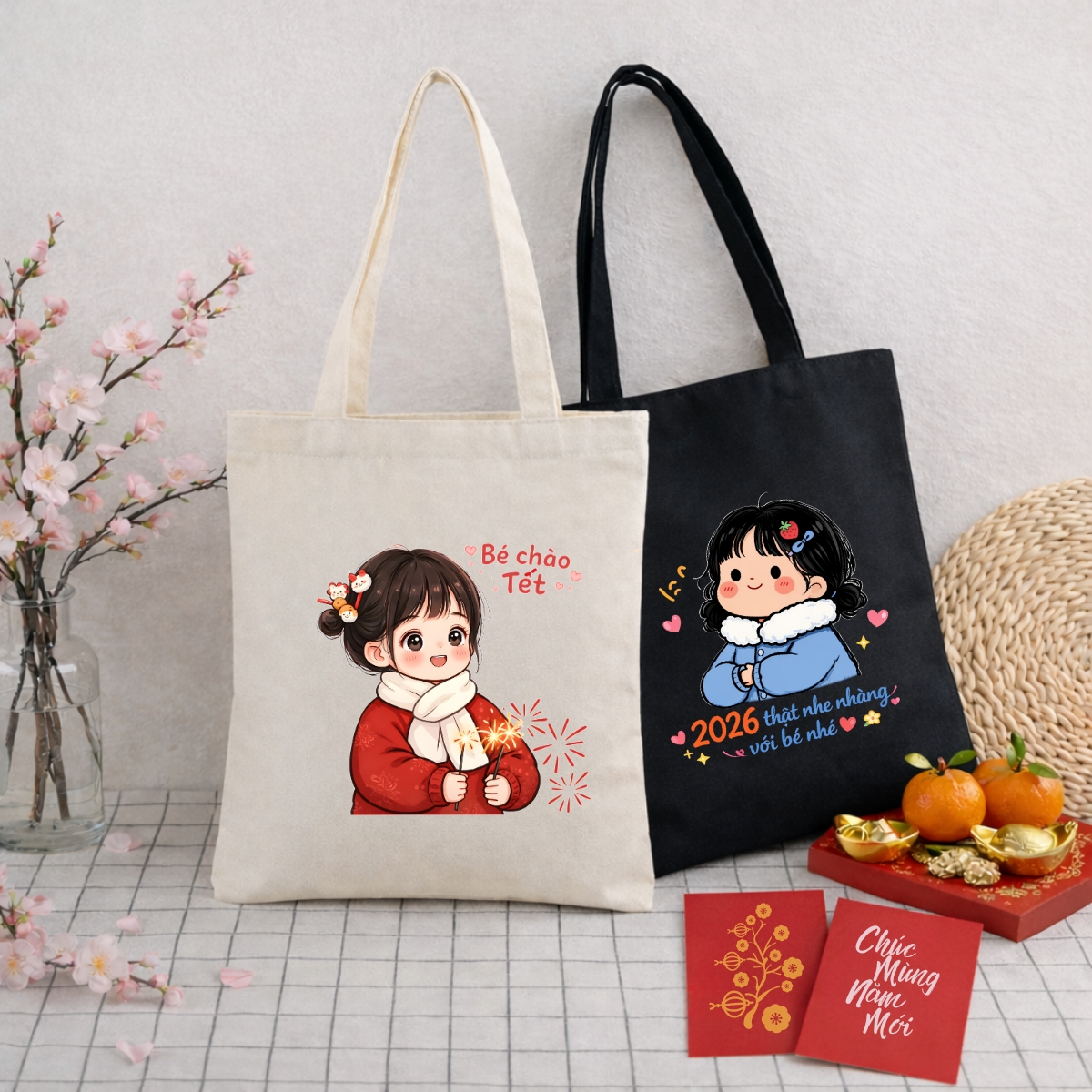 Túi Tote BST Bé gái Tết 2026 - Túi vải canvas có túi phụ và khoá kéo đựng vừa A4 và laptop (33x37cm) - TOTE34_thumbnail_2