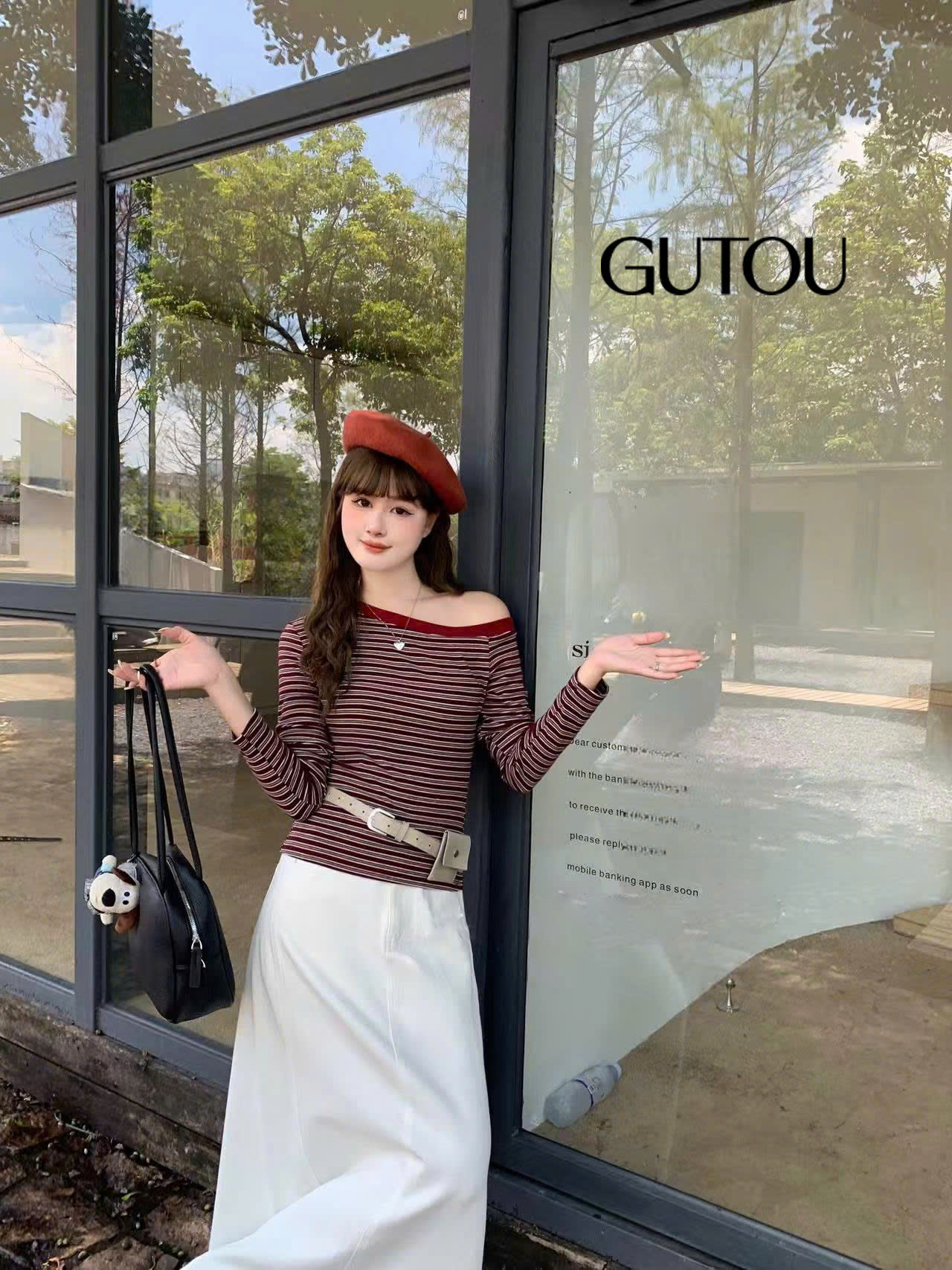 [ GUTOU ] Áo Lệch Vai Sọc Ngang Tay Dài Ôm Body_thumbnail_8