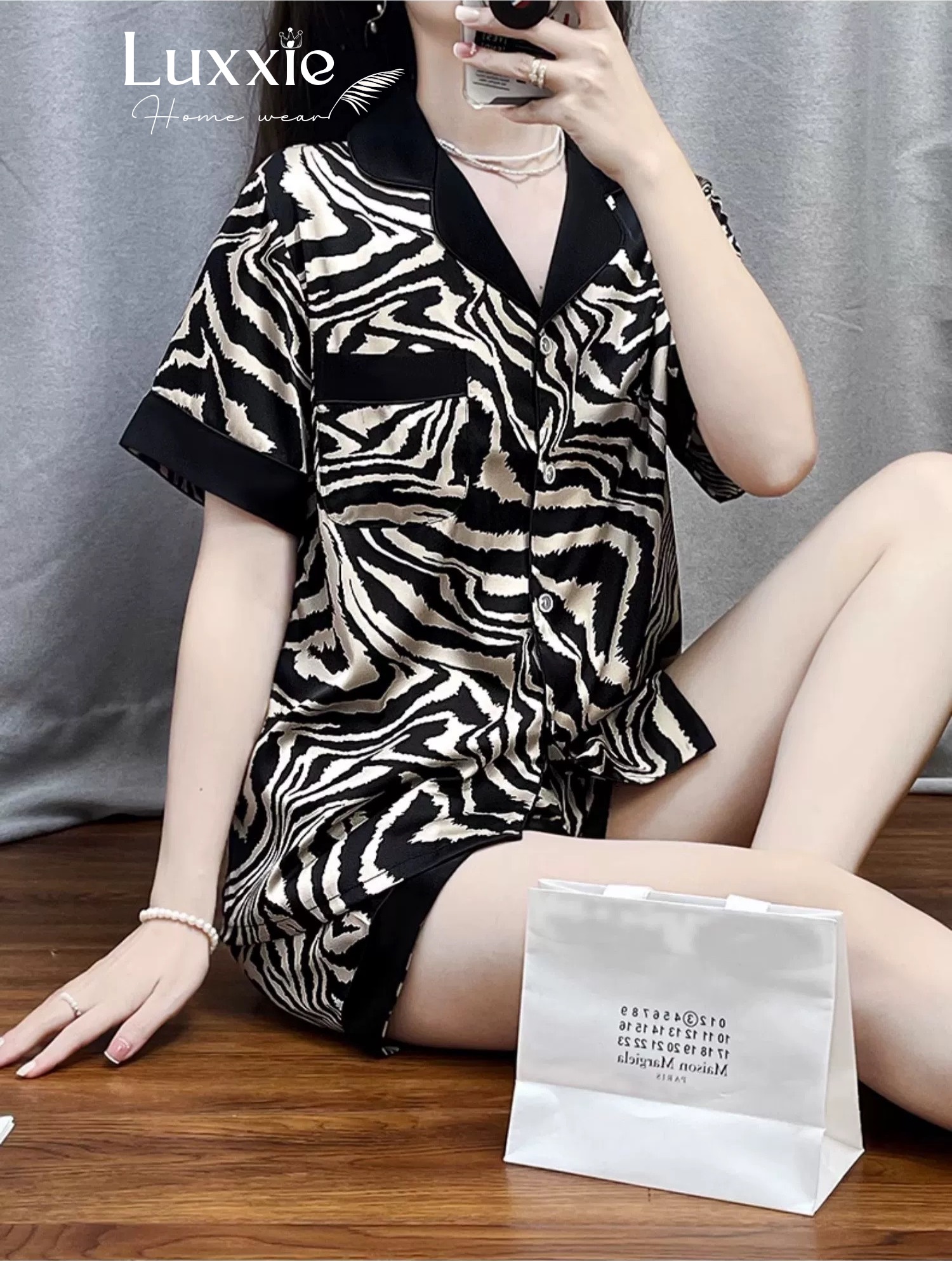 N42C Pijama Lụa nâu vằn cộc tay QCCC