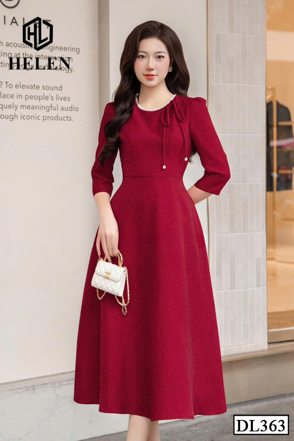Đầm xòe đỏ cổ nhún nơ DL363