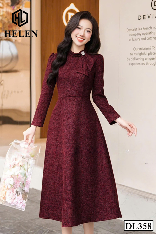 Đầm xoe dạ đỏ đô cổ nơ lệch tay dài DL358