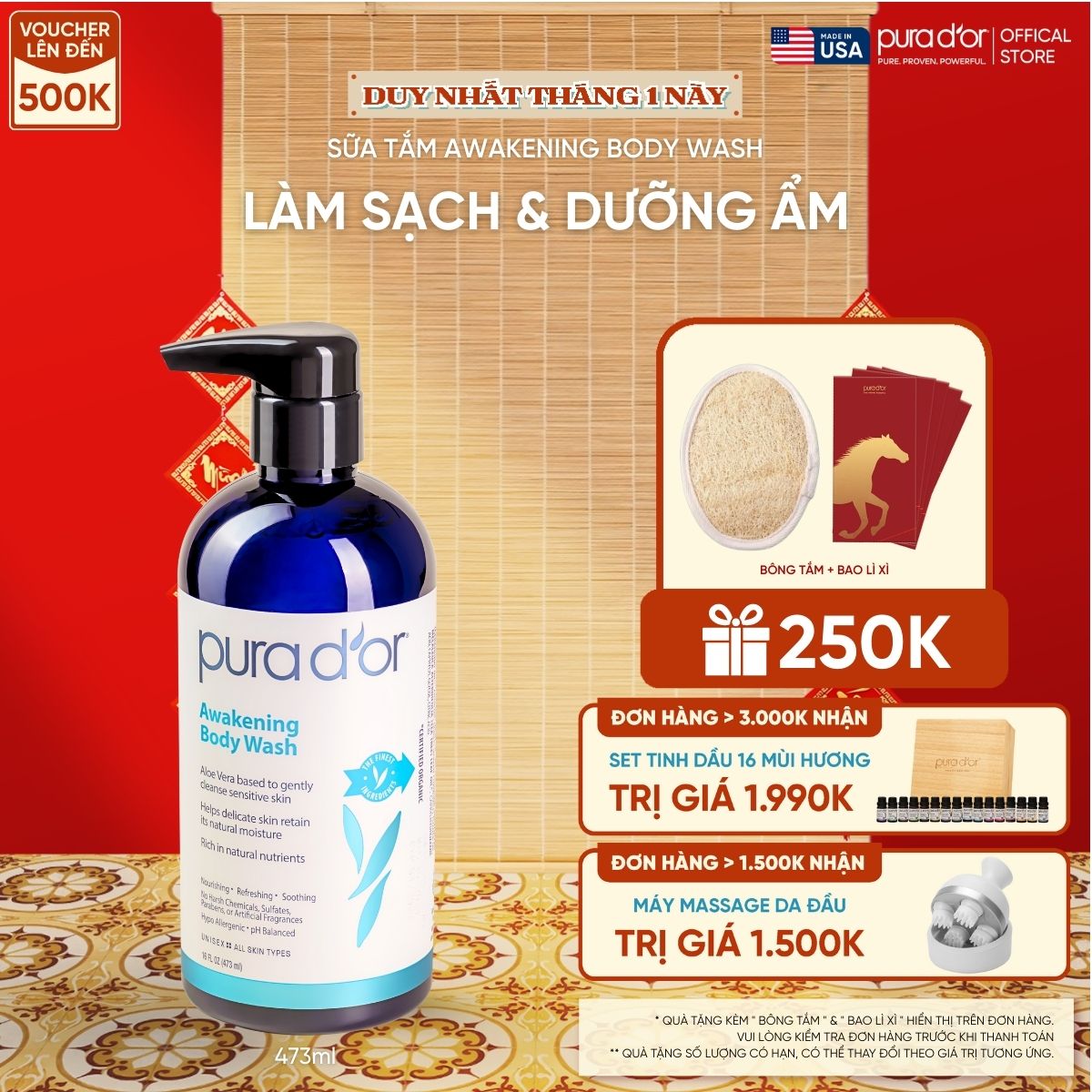 Sữa Tắm Pura D'or Awakening Body Wash Giúp Làm Sạch & Dưỡng Ẩm 473ml