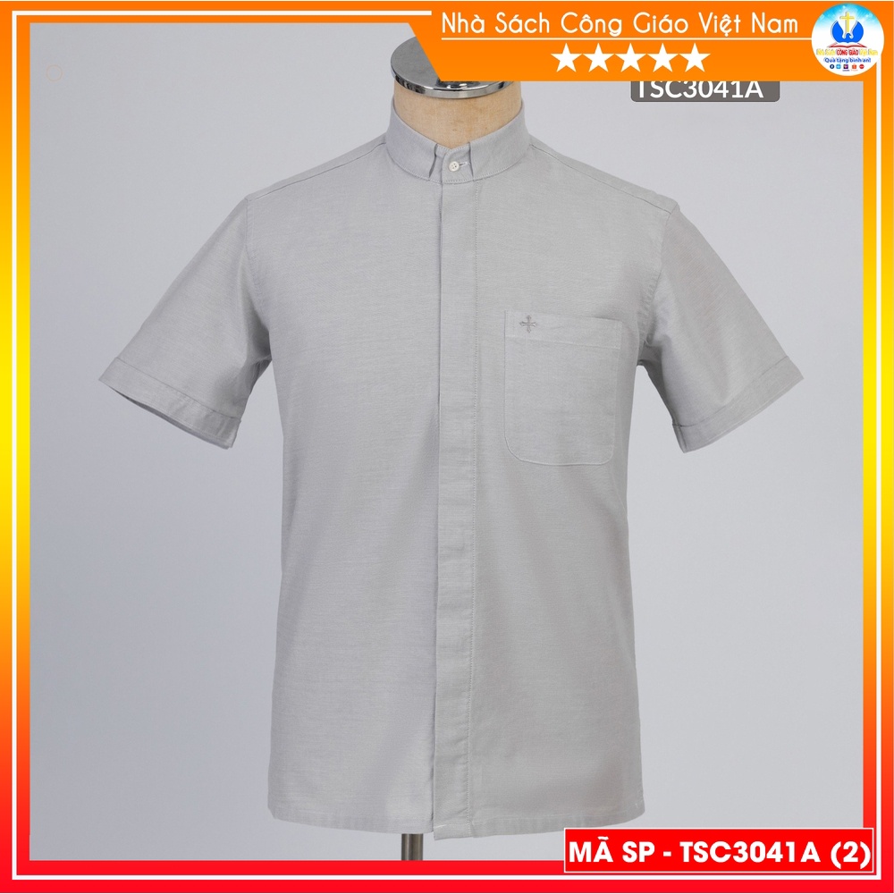 Áo Sơ Mi cổ côn linh mục ngắn tay màu ghi cotton TSC3041A- Quà tặng  Lễ quan thầy, truyền chức, sinh nhật cha xứ