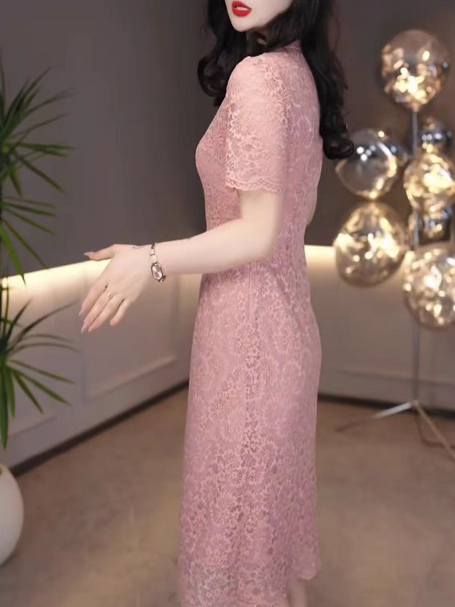 18018-Đầm suông ren hồng  phối cổ tàu  cách điệu ( ren,lót)_thumbnail_2