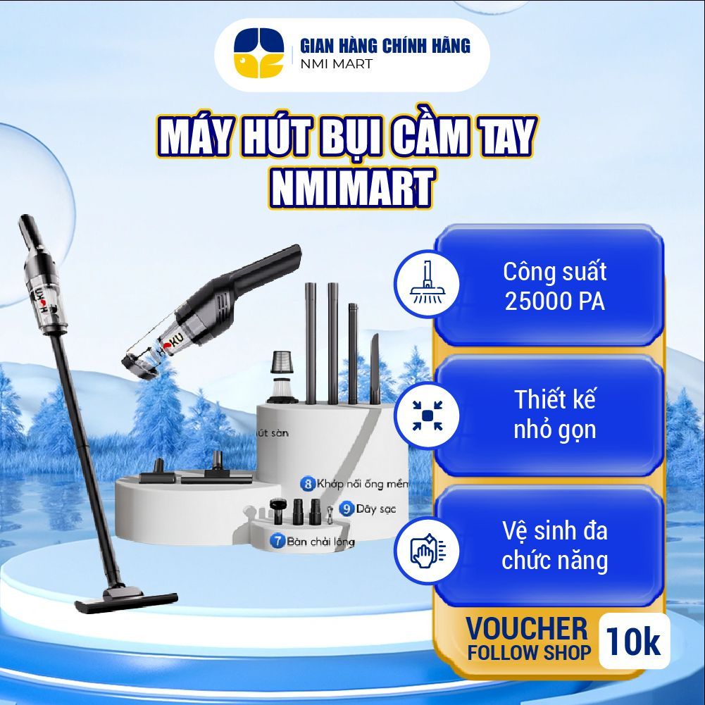 Máy Hút Bụi Cầm Tay HOKU Không Dây, Hút Bụi Giường, Ô Tô, Lực Hút 25000PA Hút Liên Tục 30 Phút - MHB03