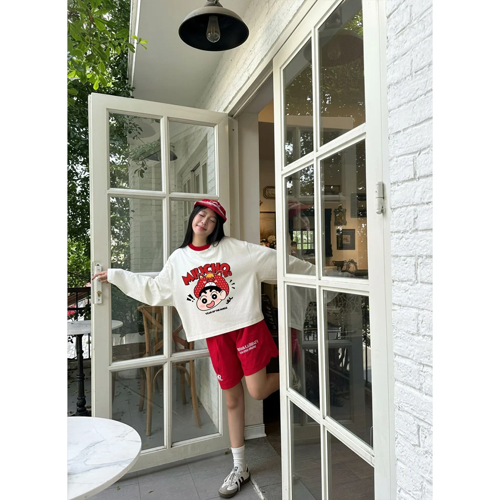 Áo thun boxy tay dài phối cổ be đỏ hoạt hình dễ thương Miucho vải dày dặn thoáng mát 2979_thumbnail_5