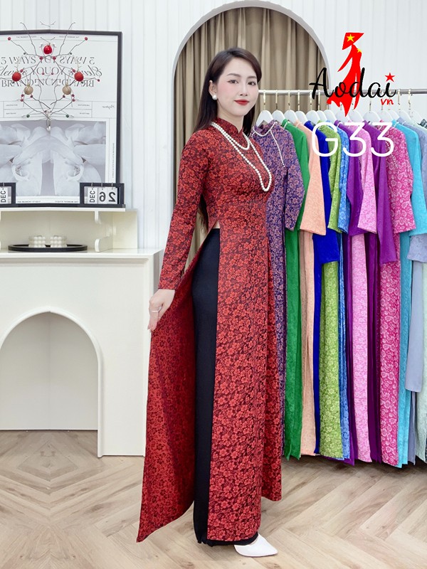 Áo dài Gấm G33 màu đỏ đô cổ cao 3cm tay dài
