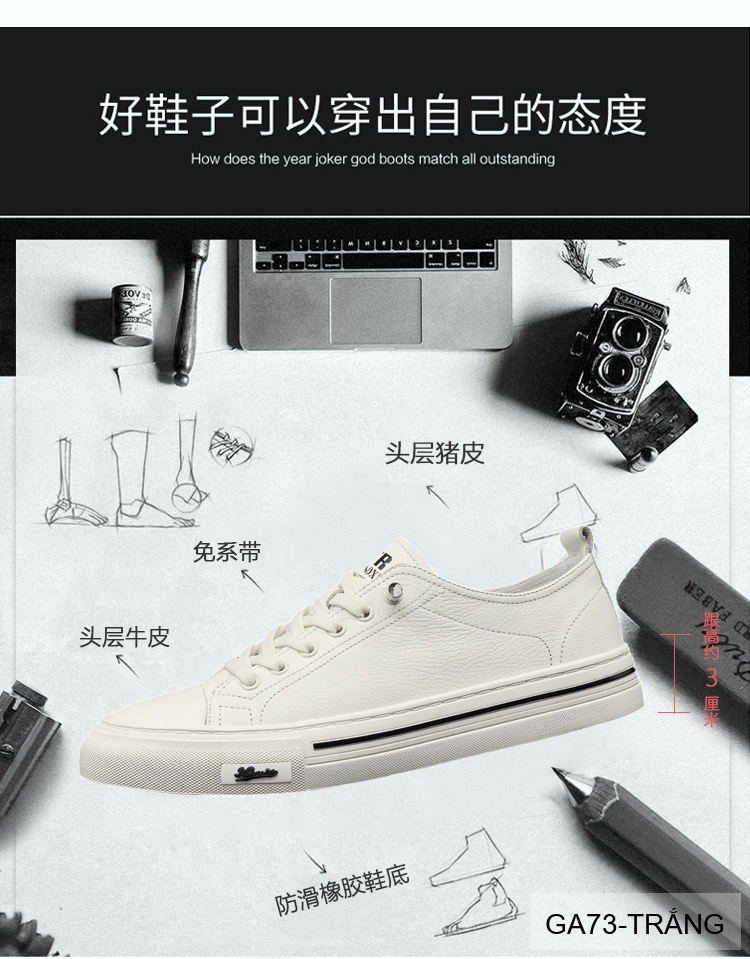 GA73 - Giày Sneaker Nam Da Bò Phong Cách Hàn, Đế Cao Su Thoáng Khí, Màu Trắng Đen_thumbnail_11