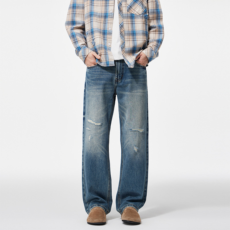 Quần jean rách rách phong cách retro dành cho nam mùa thu thẳng đường phố cao cấp dáng rộng, quần dài hợp thời trang đa năng