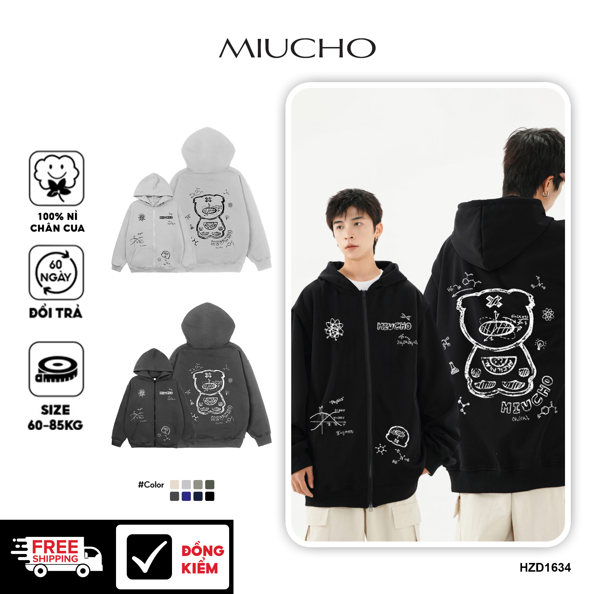 Áo hoodie zip local brand form rộng vải ni dày dặn HZD1634 Miucho Club in mix_thumbnail_0