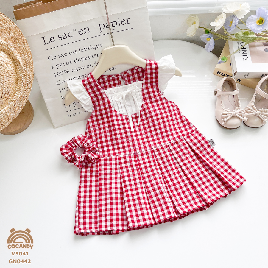 Váy cộc caro ĐỎ tay cánh tiên ren phối nơ