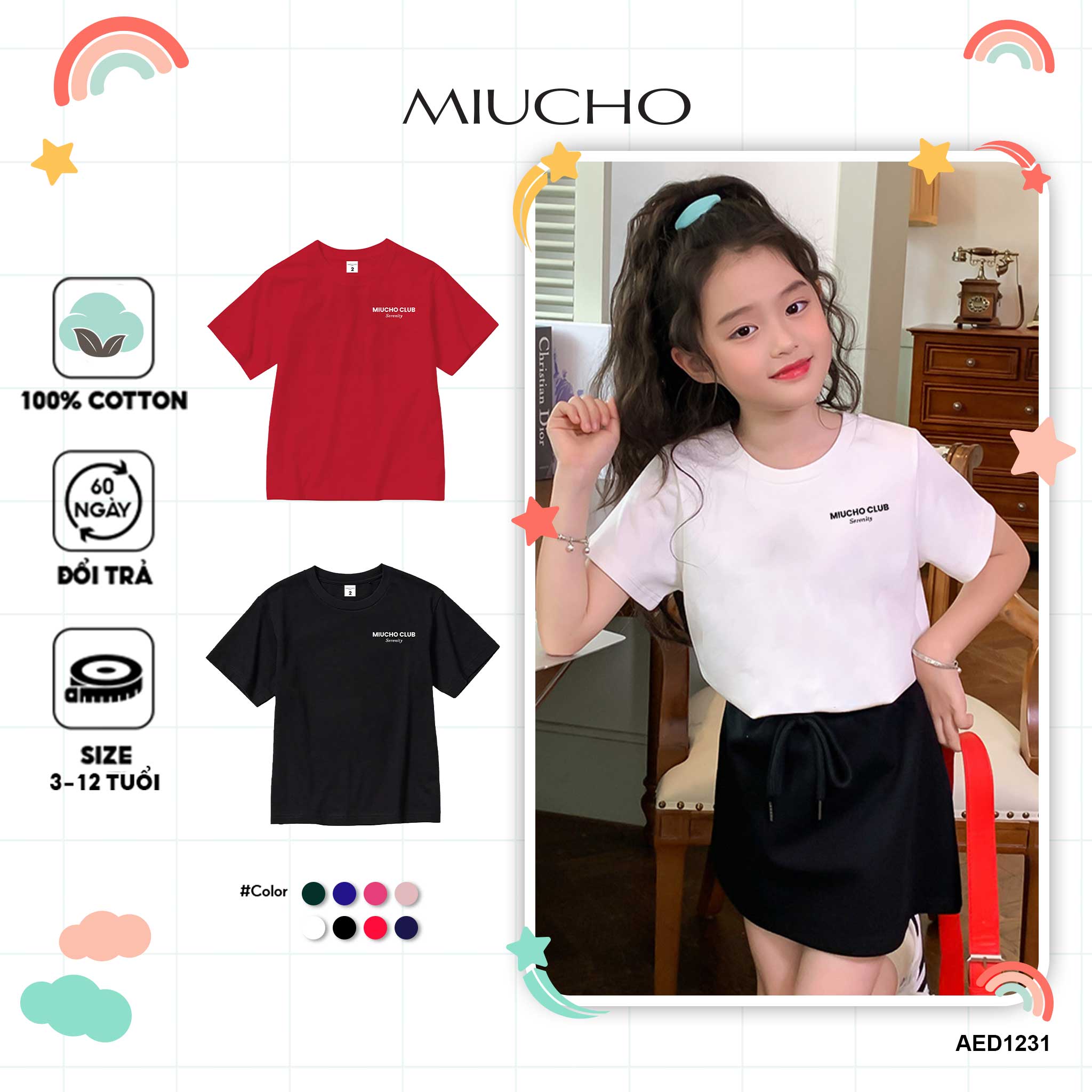 Áo thun trẻ em form rộng thoải mái AED1231 Miucho Kid tay ngắn vải cotton cổ tròn in typography