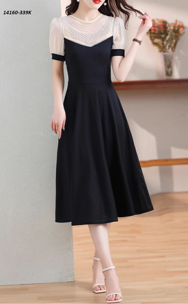 14160-Đầm xòe phối tay voan phồng kết hạt ngực cách điệu ( thun lụa, voan)FREESHIP_thumbnail_0