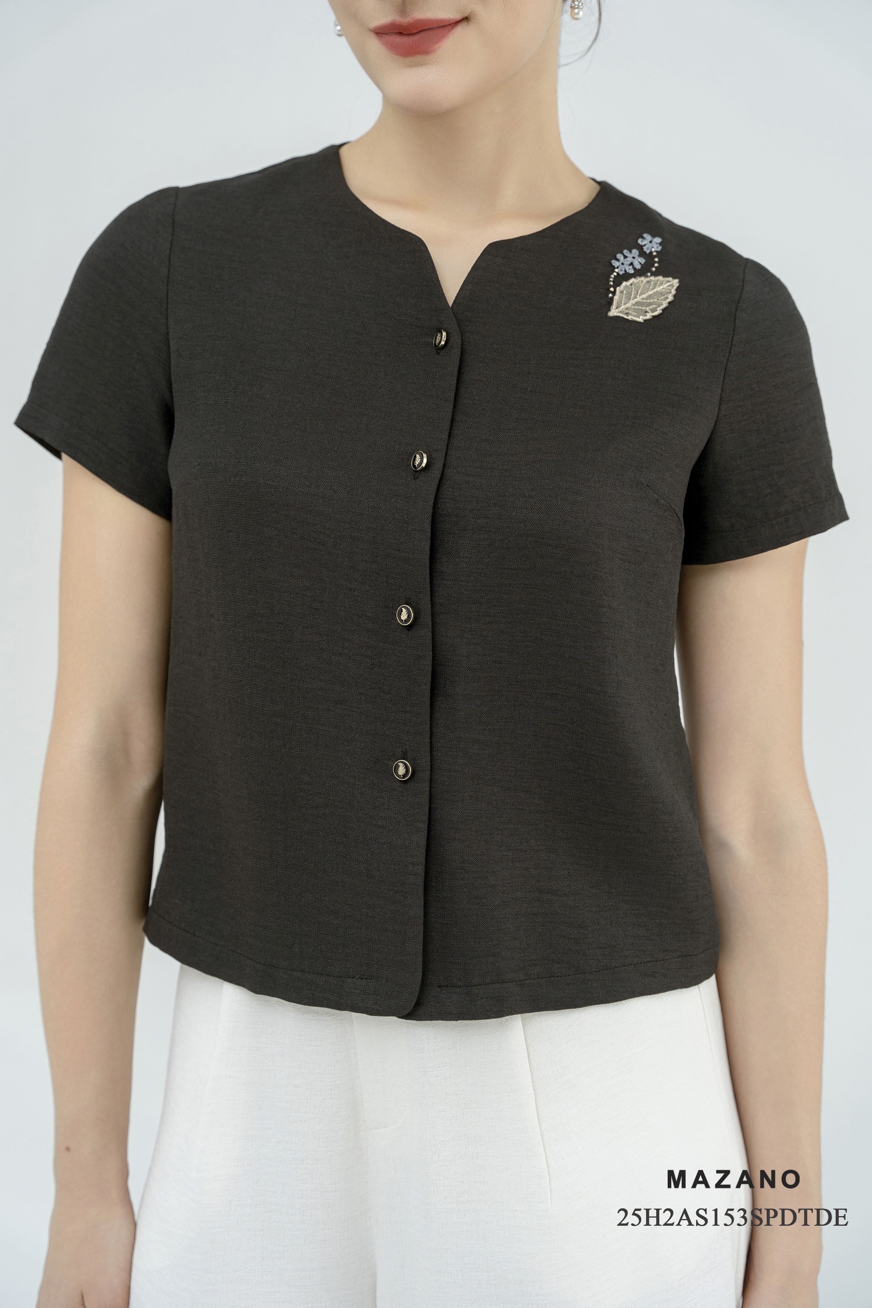 Áo suông cài khuy Vải linen màu đen không Cổ Tay ngắn Dài áo qua eo