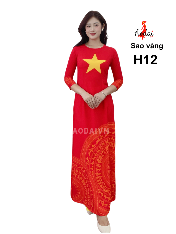 Áo dài Sao vàng H12 in trống đồng sắc nét cổ tròn tay lỡ