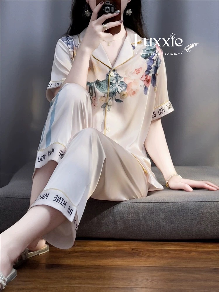 N58B Pijama lụa cổ hoa quần sọc xanh cộc tay_thumbnail_3