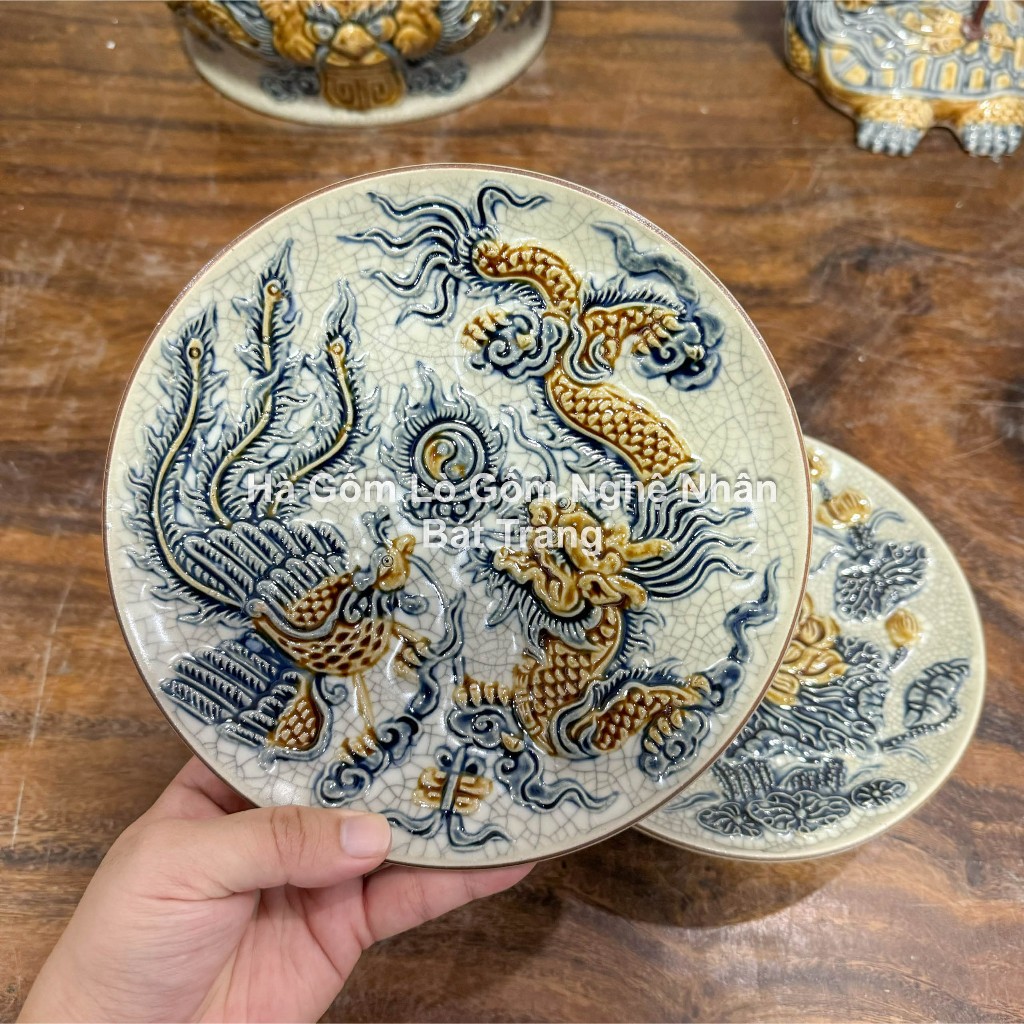 Mâm Bồng Sen, Rồng 20cm Đồ Thờ Cúng nhiều cỡ Men Rạn Bát Tràng - Nghệ nhân chế tác