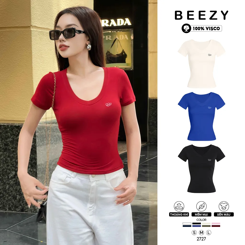 Áo thun cổ tim form ôm Miucho vải visco thoáng mát co giãn tôn dáng dễ phối đồ in mix 2727