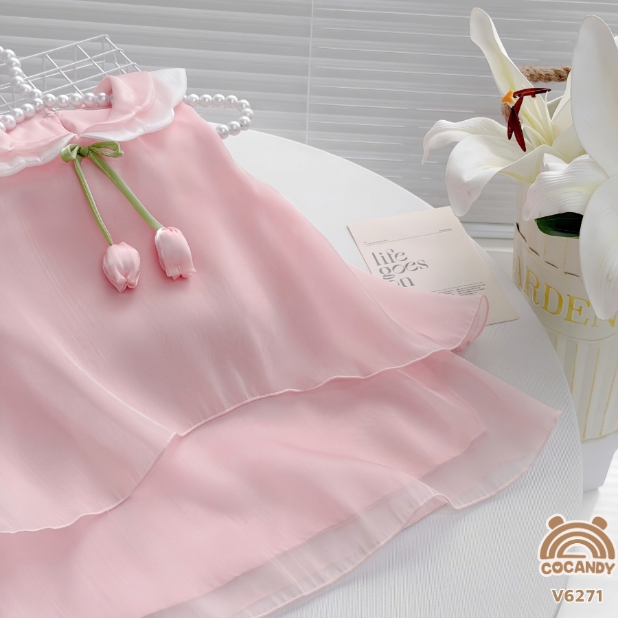 Váy sát nách tơ HỒNG phối cổ nơ nụ hoa_thumbnail_5