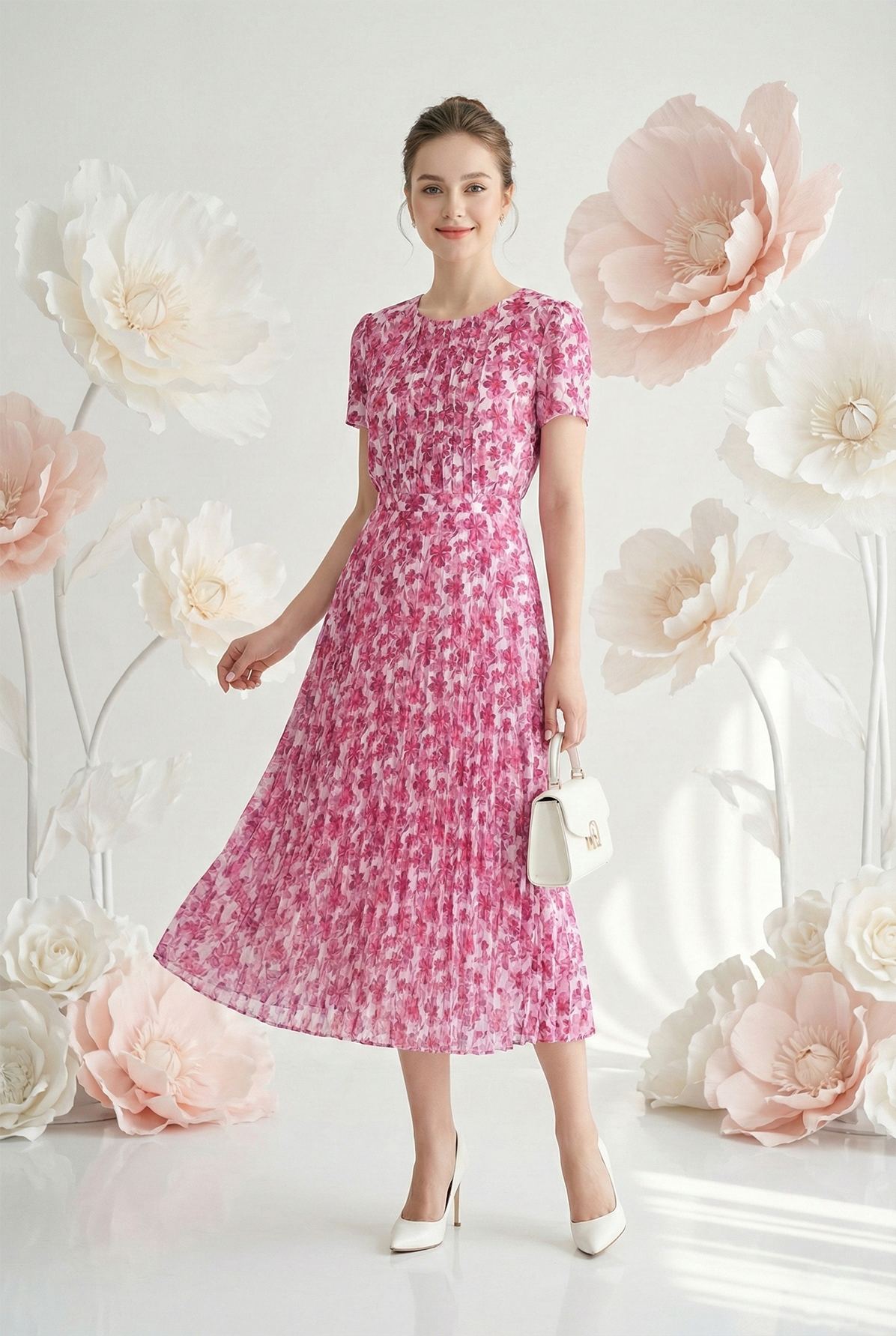 Đầm voan dày in hoa dáng ôm chân dập ly cổ tròn tay ngắn thiết kế MAZANO