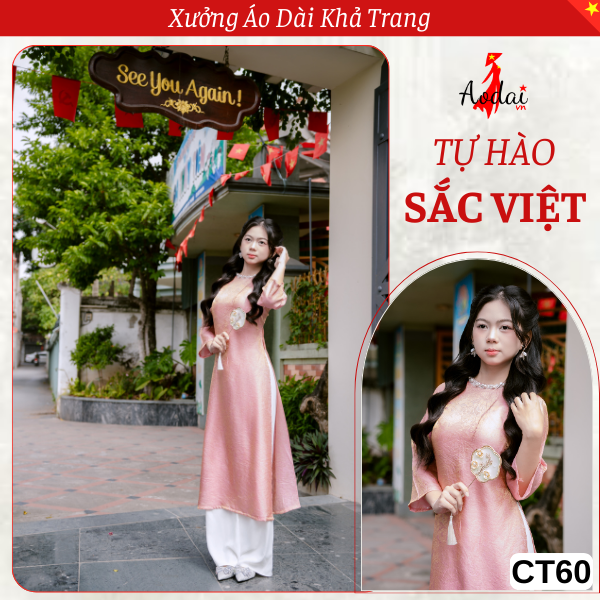 CT60 Áo Dài Cách Tân Gấm Tơ Óng Kim Cương màu Hồng Cổ Tròn Đính hạt Tay Loe
