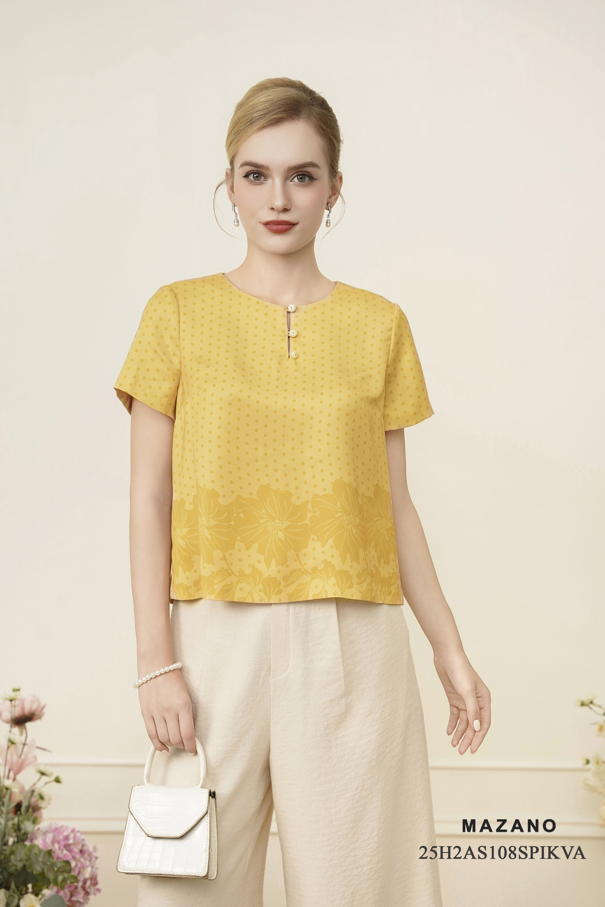 Áo top suông cài khuy Họa tiết hoa cách điệu Cổ tròn Tay ngắn Dài dưới eo_thumbnail_2