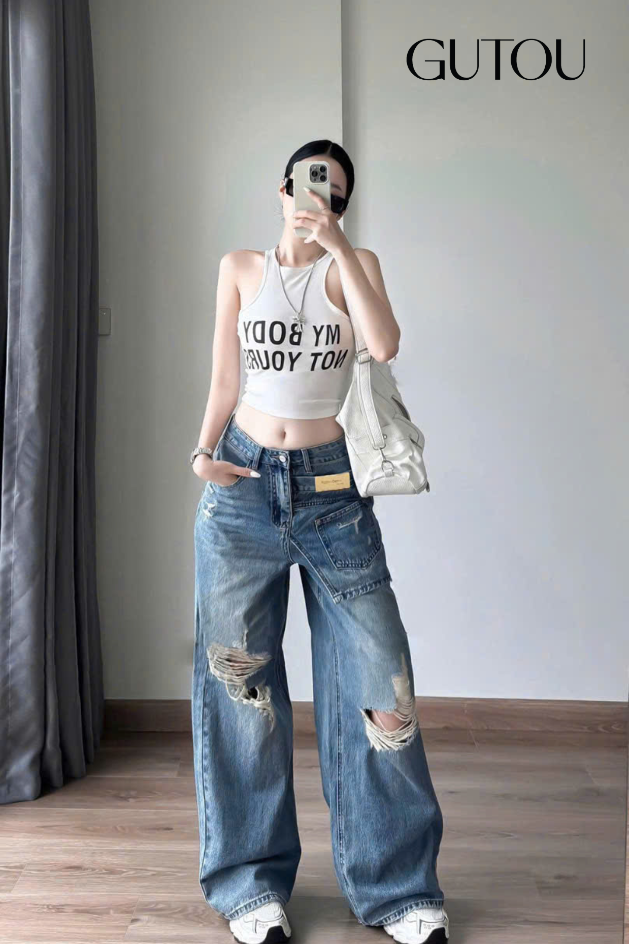 [ GUTOU ] Quần Jean Suông Rách Gối Rebel Denim_thumbnail_0