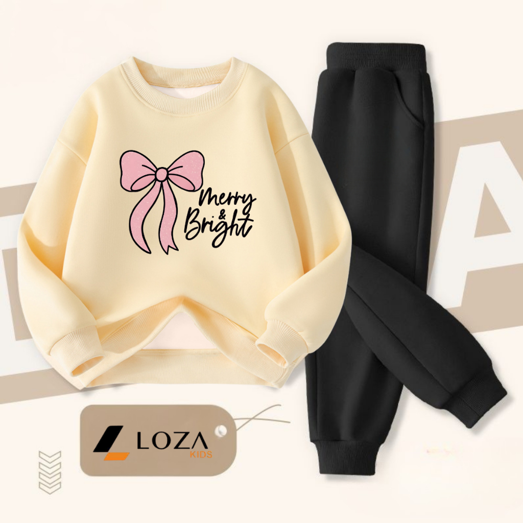 Bộ nỉ bé gái in hình nơ hồng  - Loza Kids BI536