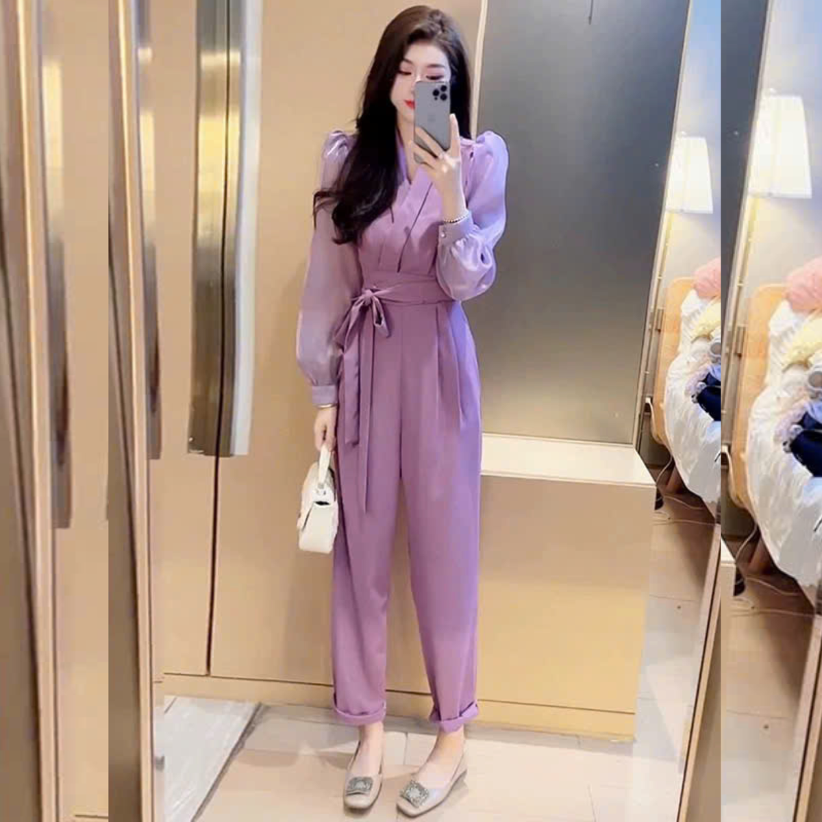 Jumpsuit dành cho nữ thời trang thắt eo khí chất áo liền quần tay phồng_thumbnail_1