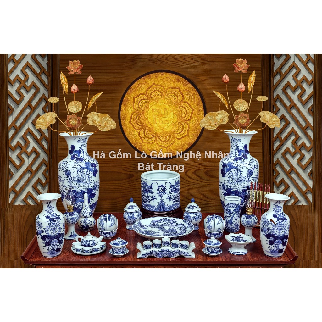 1m -1m4 Đồ Thờ Cúng Men Lam Vẽ Kỹ Ban - Lò Gốm Nghệ Nhân Chế Tác Bát Tràng Cao Cấp