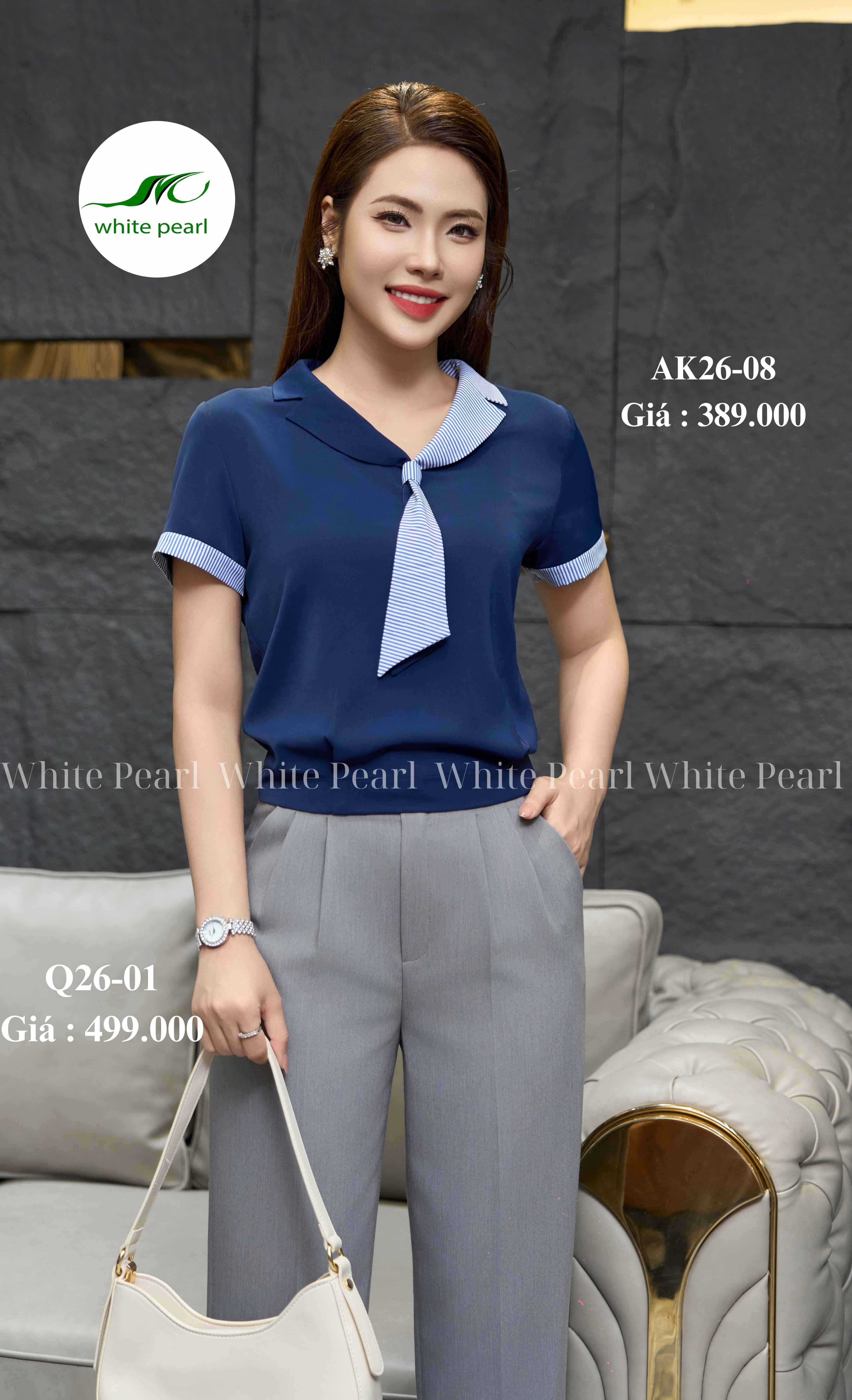 Áo sơ mi cổ thắt  nơ pha kẻ thời trang công sở nữ White Pearl