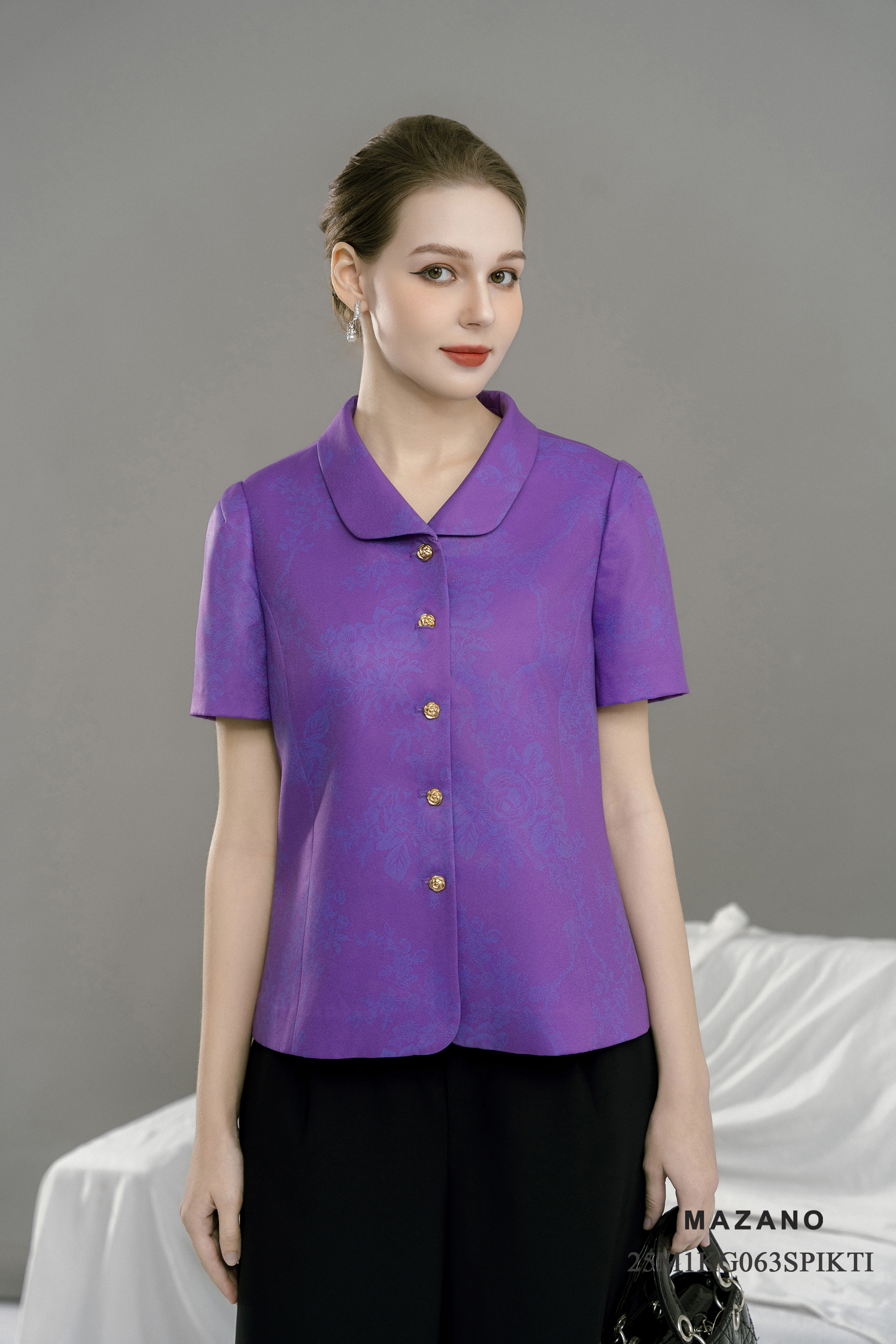 Áo ký giả Vải thô sạn In họa tiết hoa hồng cách điệu Cổ bẻ Tay ngắn Dài dưới eo