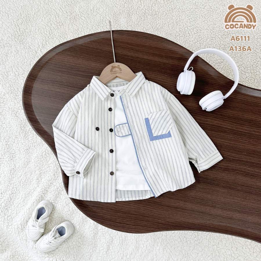 Áo dài sơ mi BE kẻ sọc túi ngực phối XDƯƠNG_thumbnail_8