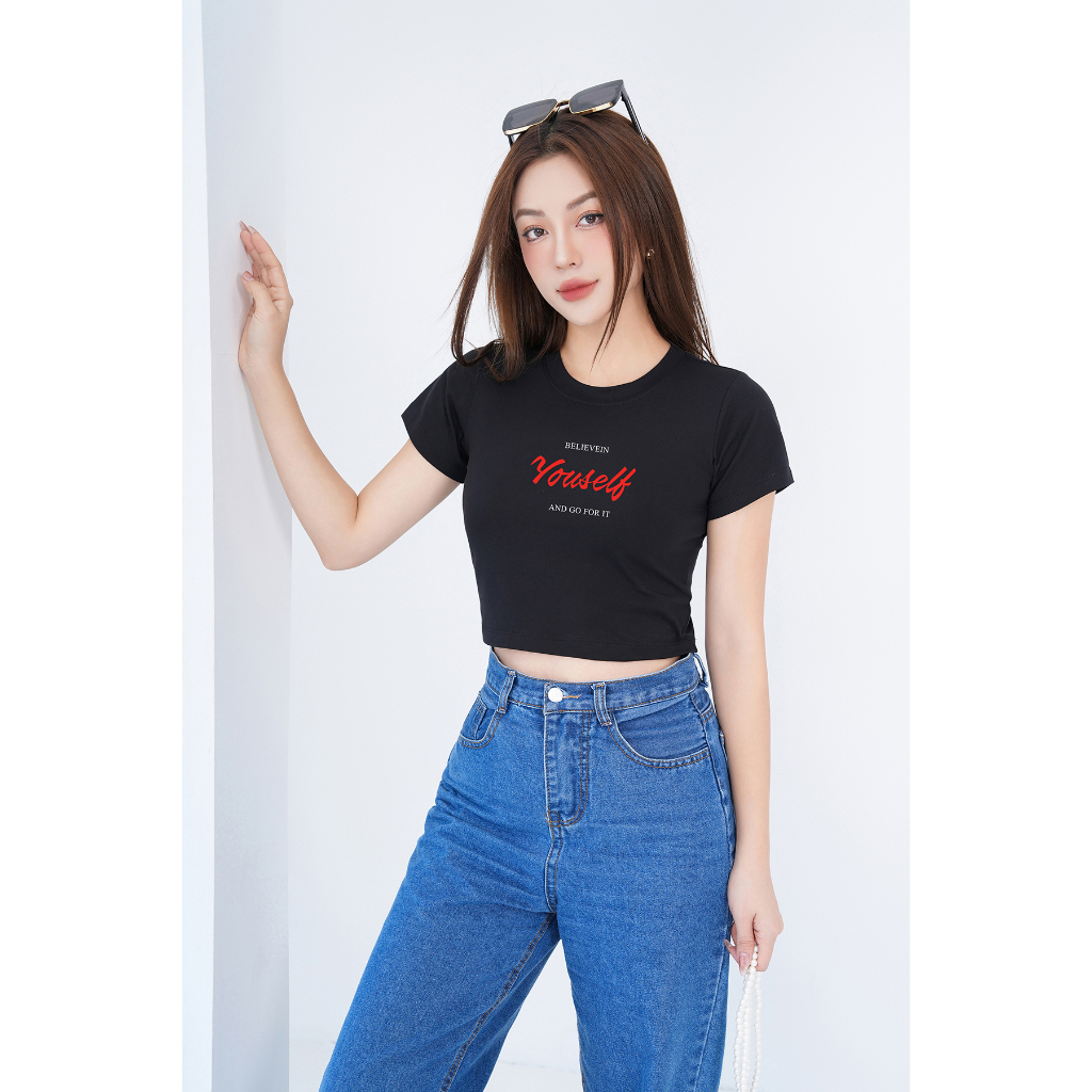 [Form Ôm] Áo croptop đen in chữ - Áo laptop ôm body thời trang - Loza G0043_thumbnail_1