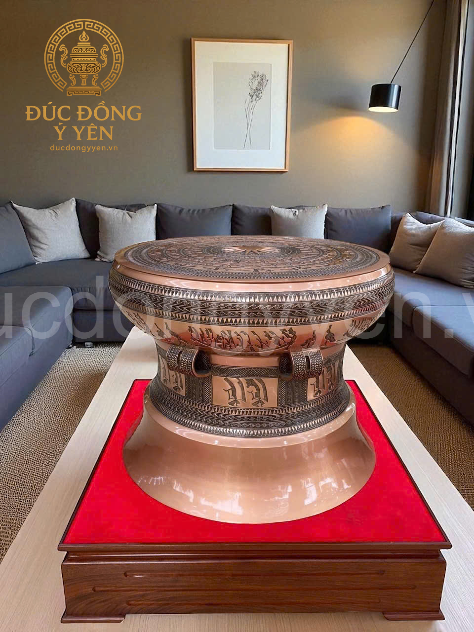 Quả trống đồng đúc đồng đỏ chạm khắc hoa văn chìm