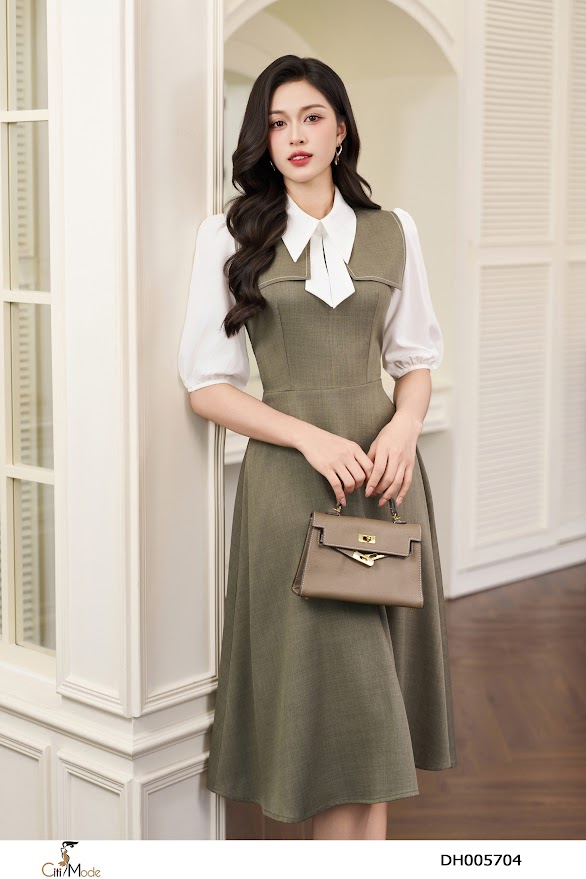 Đầm xòe rêu tay lỡ trắng cổ nơ cách điệu_thumbnail_2