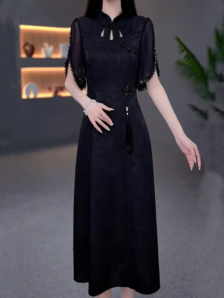 18166-Đầm lụa đen phối tay  voan viền ren cổ tàu cách điệu ( lụa,voan)_thumbnail_1