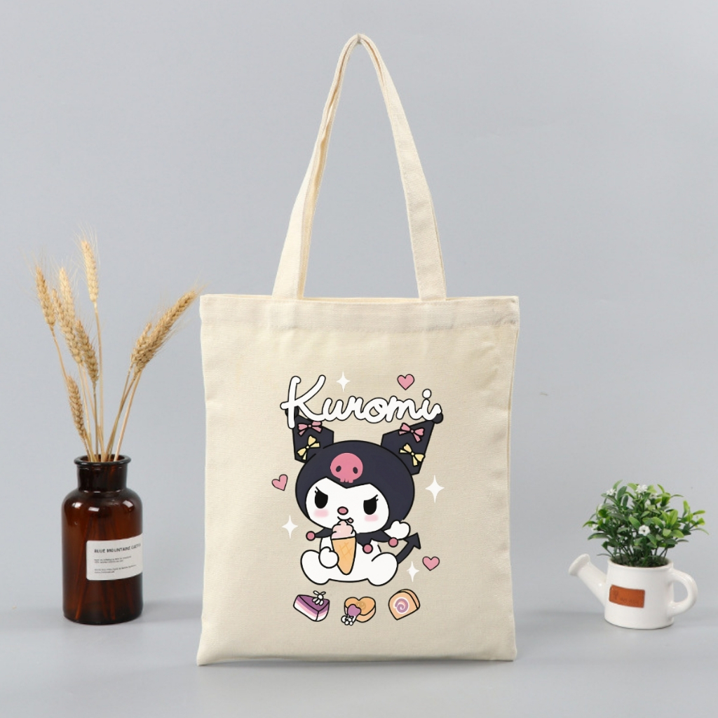 Túi tote vải canvas in hình Kuromi, Totoro, Labubu có khóa kéo, ngăn phụ - 𝐖𝐞 𝐓𝐞𝐞 TOTE07_thumbnail_1