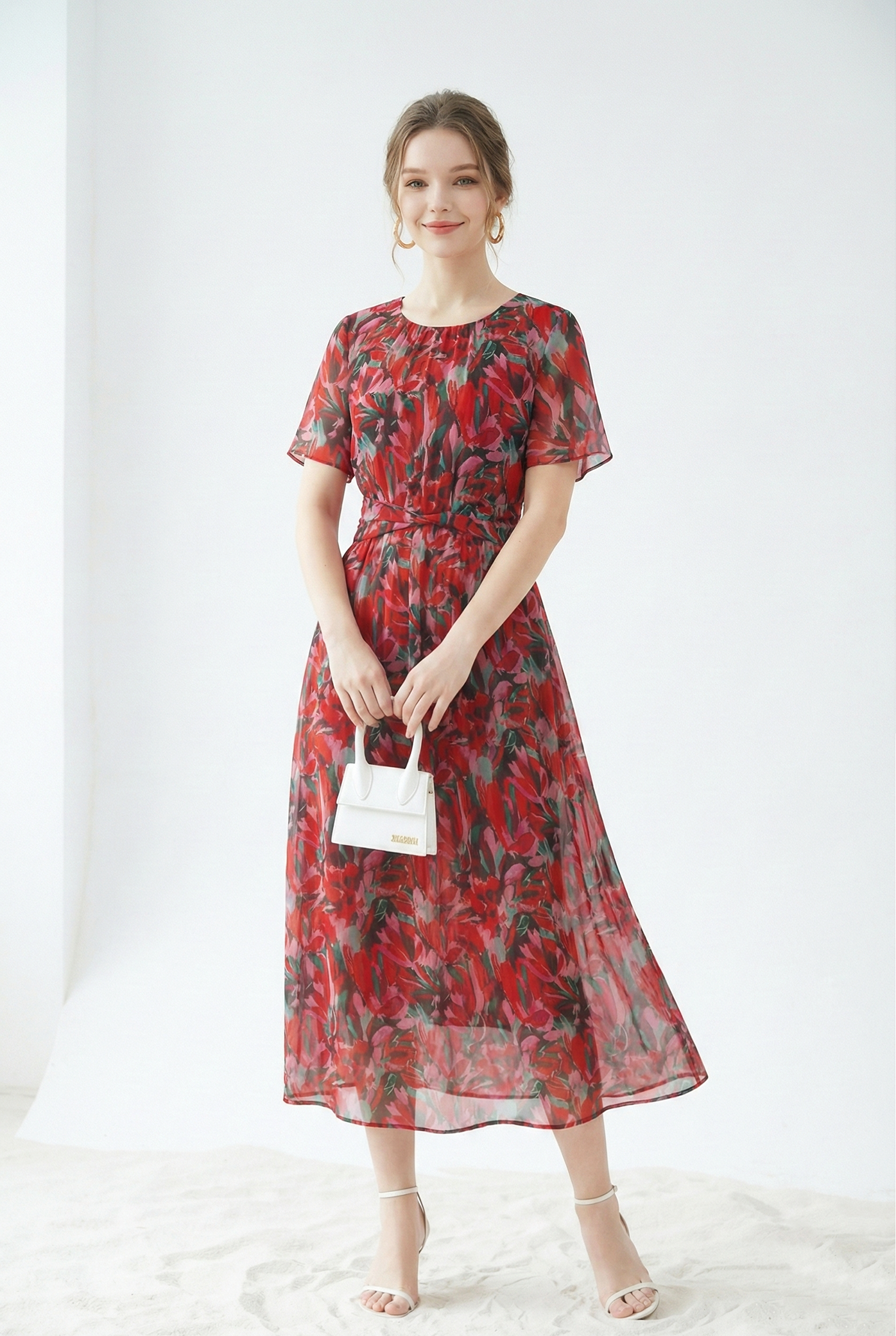 Đầm maxi vải voan chiffon đỏ in họa tiết cách điệu dáng ôm chân rủ cổ tròn tay ngắn thiết kế MAZANO_thumbnail_2