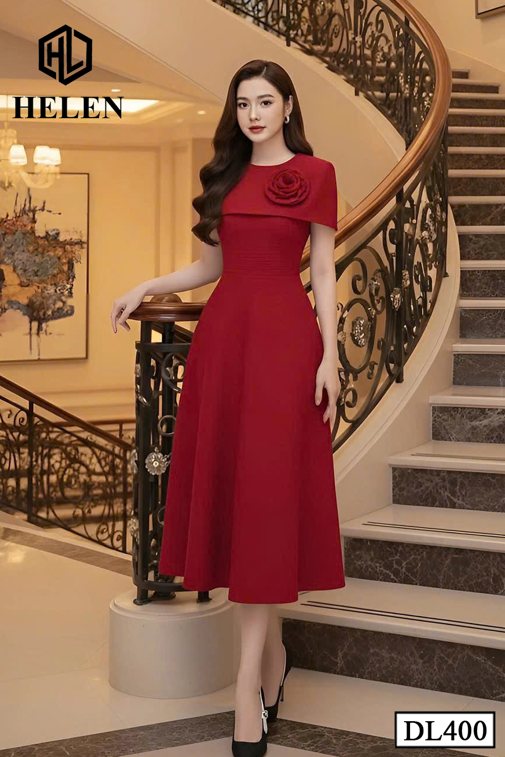 Đầm xòe đỏ cổ chùm vai DL400_thumbnail_3