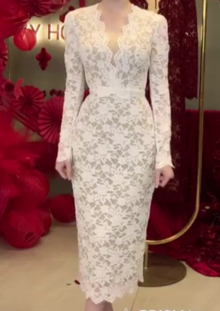 Đầm Bút Chì Ren Cổ V Tay Dài Thắt Nơ Eo_thumbnail_1