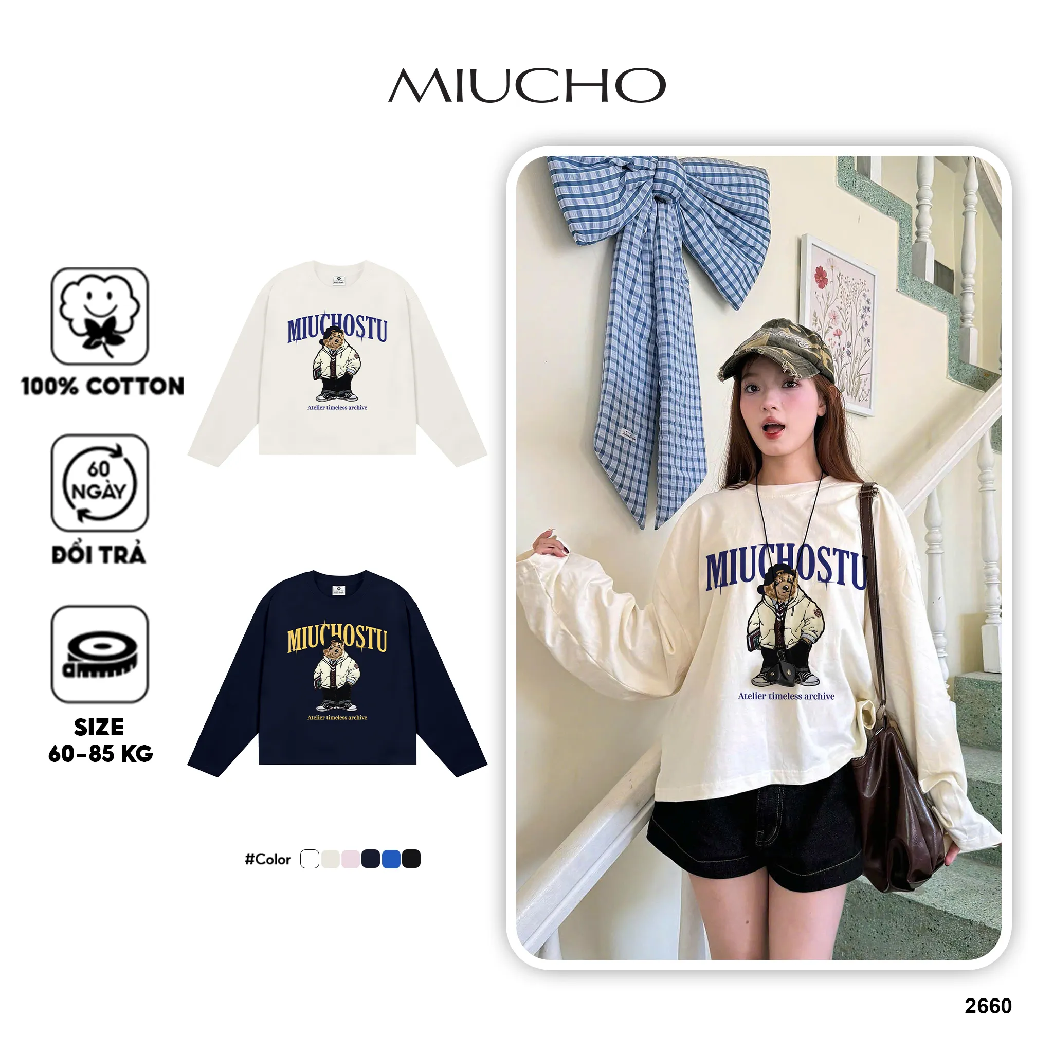 Áo thun boxy tay dài Miucho cotton thoáng mát dày dặn cổ tròn chú gấu đáng yêu in mix 2660