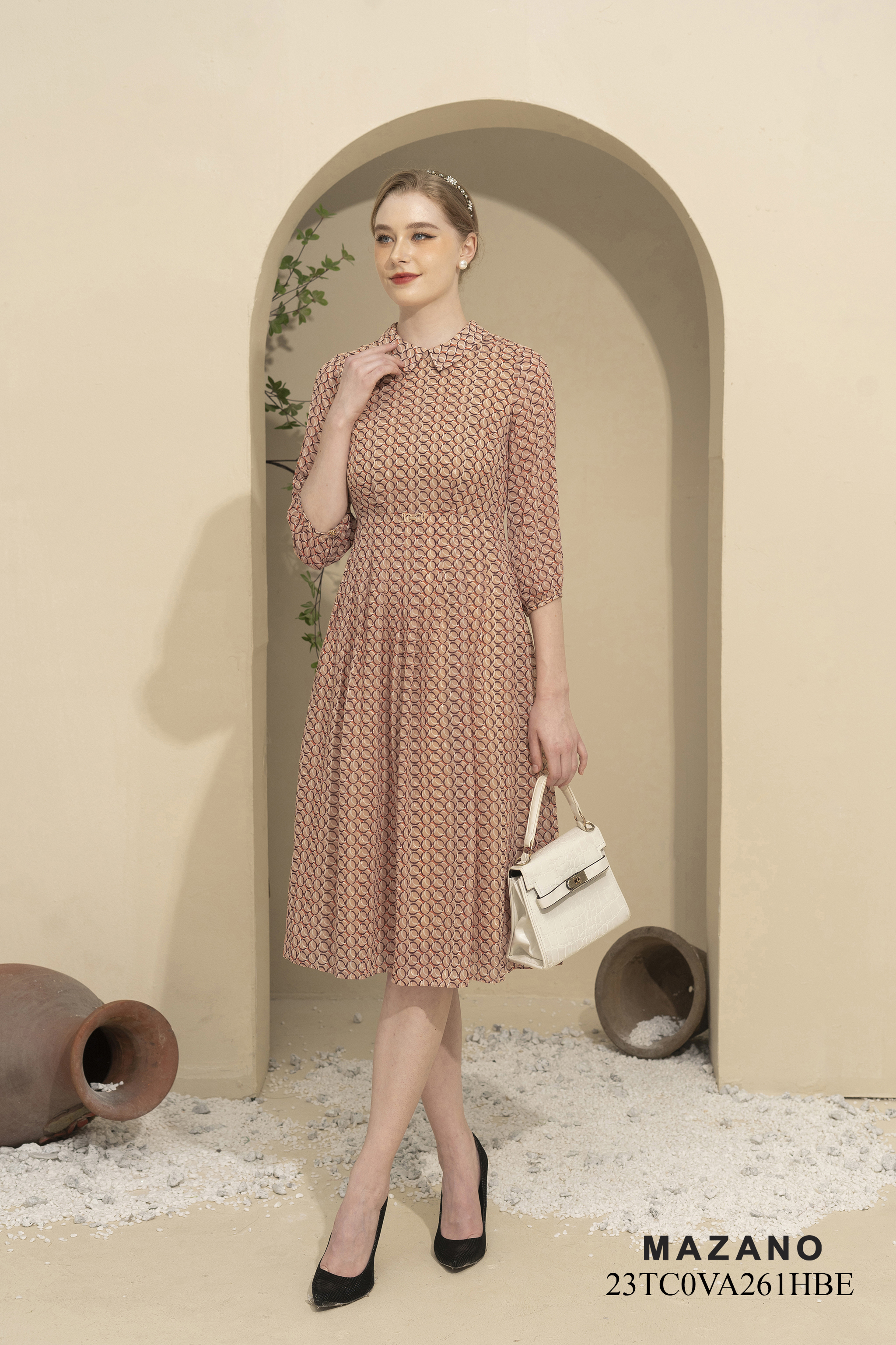 Váy Đầm ôm Chân xếp ly Vải voan Cổ sơ mi Tay lỡ Dài đến bắp chân