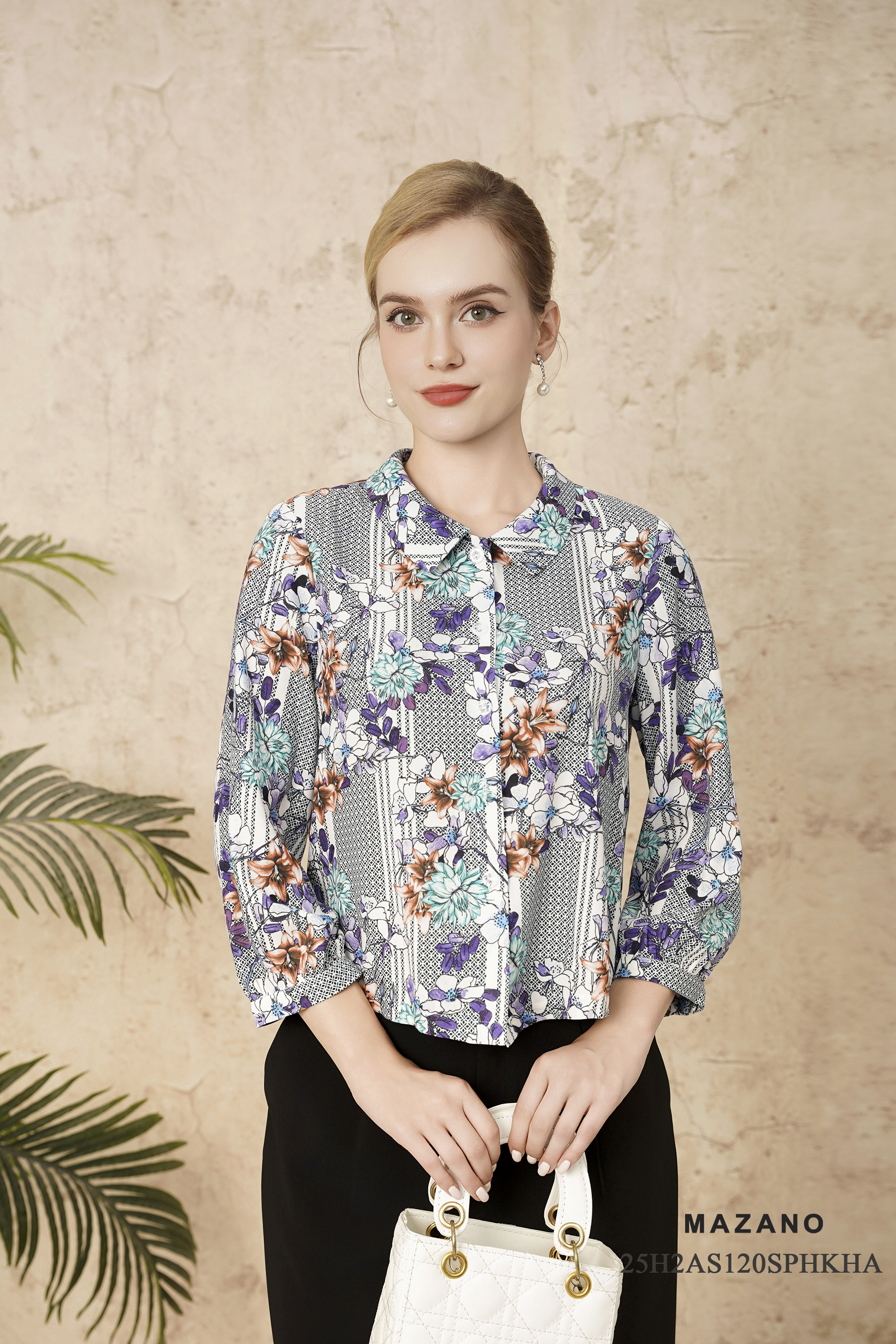 Áo sơ mi suông cài khuy Vải thô mỏng Họa tiết hoa lá cách điệu Cổ bẻ Tay dài Dài áo qua eo